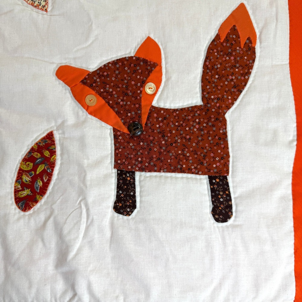 Handmade Fox Appliqué Quilt Throw Fall Farmhouse Nursery Woodland vintage New - Picture 3 of 10